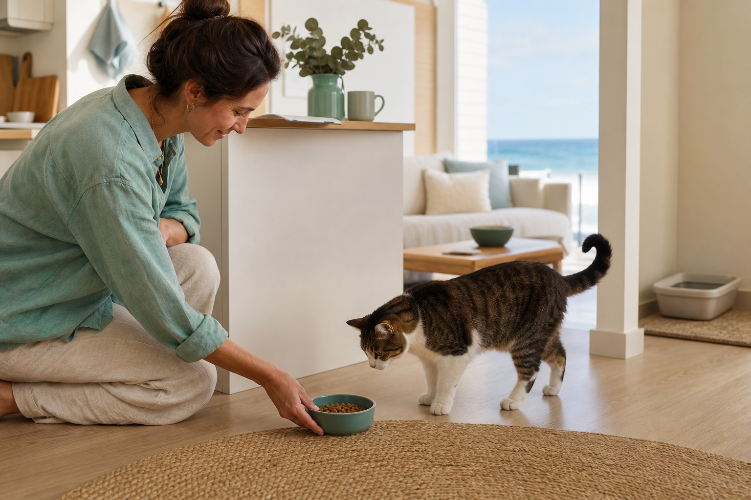 Cat sitter during a home visit in Ericeira placing down a food bowl for a relaxed cat