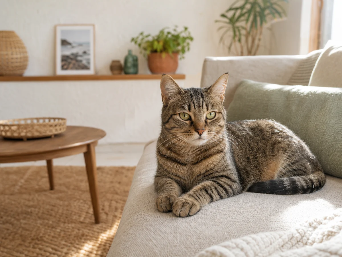 Calm tabby cat resting at home during cat sitting in Ericeira