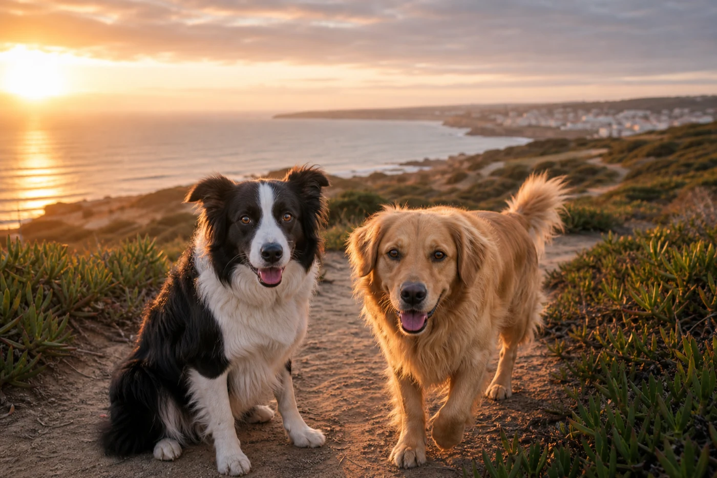 Salty Paws dog watching the sunset on an Ericeira beach, Portugal