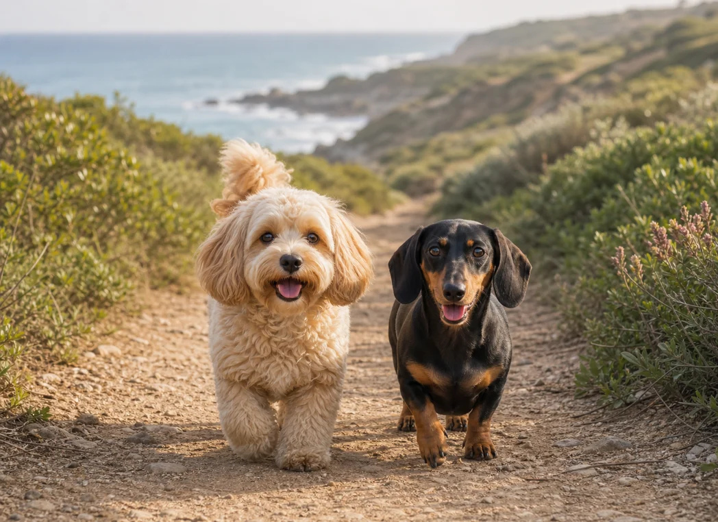 Small dogs running on a green trail near Ericeira during daycare