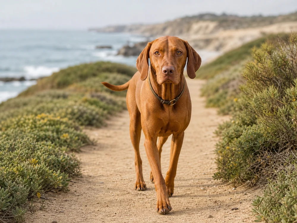 Dog on a lead during a pet-friendly walk in Ericeira