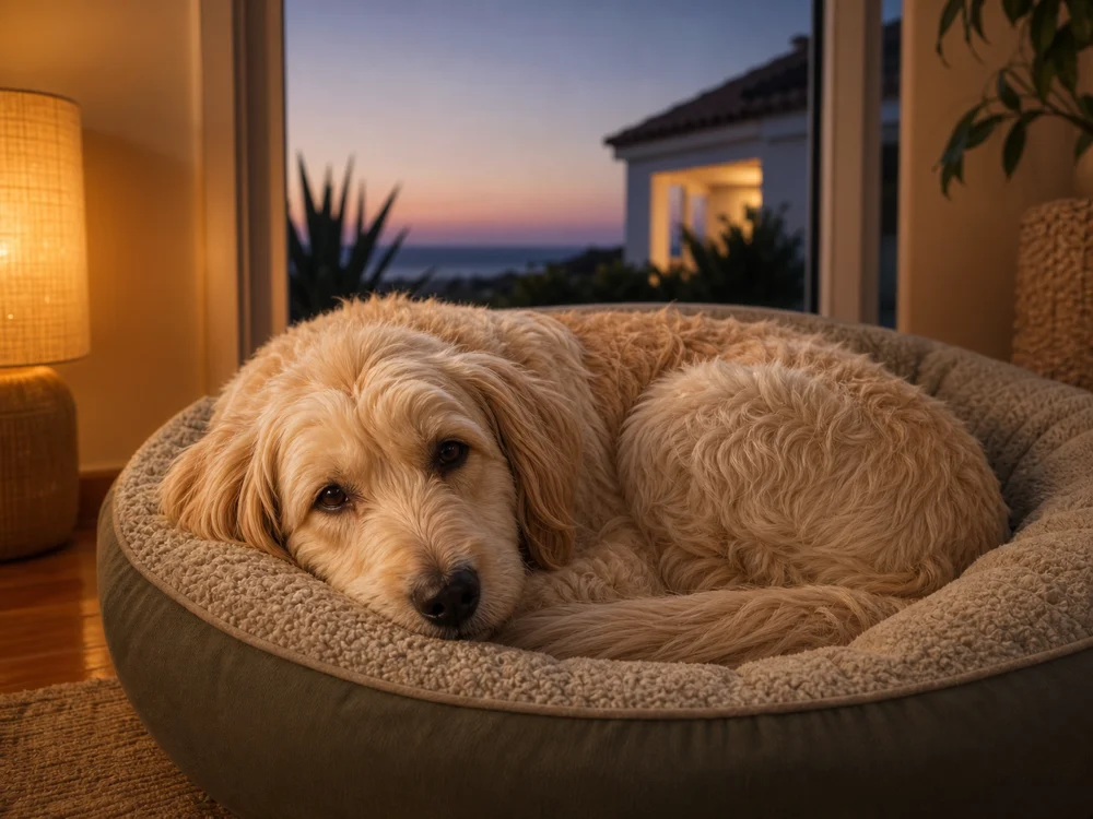 Golden retriever puppy resting indoors during overnight dog boarding in Ericeira